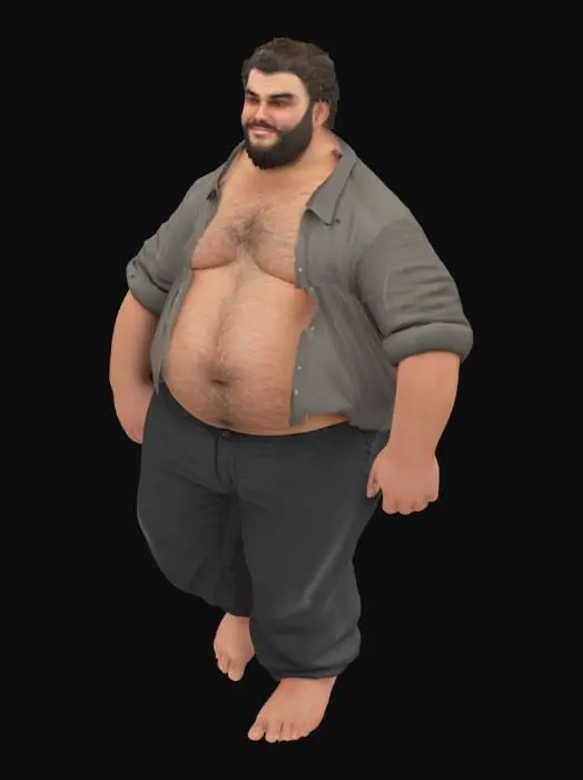 3D model for un gros monsieur avec des poils sur le ventre avec un pantalon noir et une chemise grande ouverte