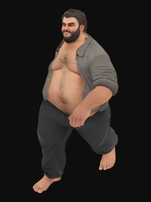 3D model for un gros monsieur avec des poils sur le ventre avec un pantalon noir et une chemise grande ouverte