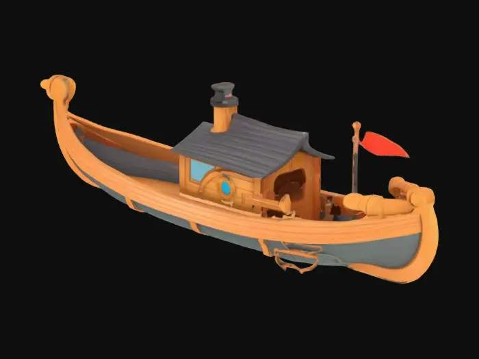 3D model for "A cartoon-style longboat inspired by a dinghy, with an elongated, curved wooden hull and playful proportions. Include a medium-sized cabin at the center with rounded edges, sloped roof, oversized porthole windows, and a whimsical chimney. At both the bow and stern, add wooden turrets with protected platforms housing cartoon-style ballistae. The turrets should have partial wooden battlements. Use vibrant, hand-painted textures with rich browns for wood, and bright accents (red, blue). Add rope details and a large rudder to complete the fun, fantasy look."