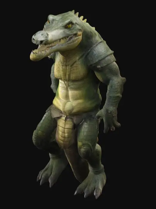 3D model for Crozhar es un cocodrilo antropomórfico con escamas verdes y marrón fangoso. Su hocico es largo, con dientes afilados visibles, ojos amarillos rasgados y crestas óseas en la cabeza. Posee un torso musculoso, brazos fuertes con garras negras y piernas poderosas con pies reptilianos. Su larga cola escamosa le da equilibrio y agilidad. Tiene cicatrices de batalla, marcas tribales en su piel y puede llevar armadura ligera, un taparrabos rústico o un colgante de huesos.