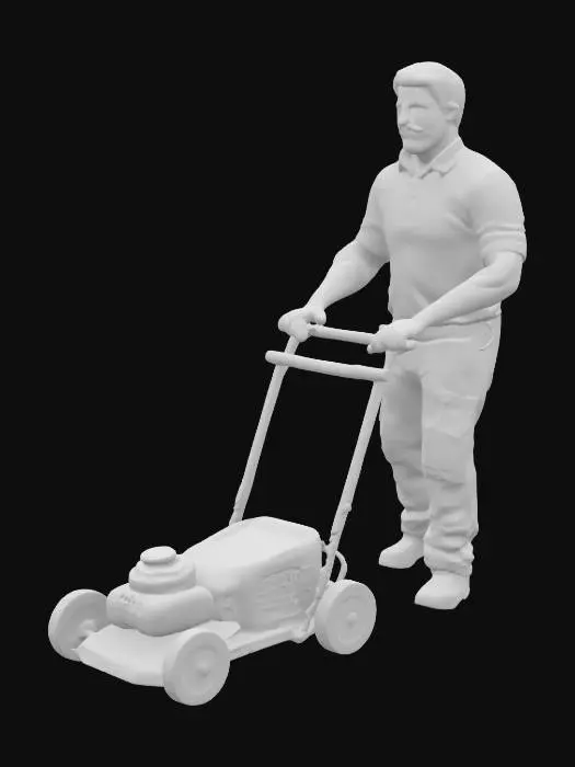3D model for realistic 3D model of a middle-aged man pushing a lawn mower on a flat surface. The man should have an average build, short or slightly graying hair, and wear casual outdoor work clothes—such as a plain t-shirt or polo, cargo shorts or jeans, and sturdy sneakers or work shoes. He should be holding the lawn mower handles with both hands, walking forward in a natural mowing pose. The lawn mower should be a realistic push-type model with clean, detailed geometry, appropriate for suburban or residential use. Ensure correct human posture, clean topology, and realistic proportions. Neutral lighting preferred, suitable for placement in garden or yard scenes