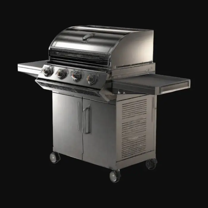 3D model for highly detailed, realistic 3D model of a clean, modern barbecue grill. The design should reflect high-quality stainless steel with subtle brushed metal textures. Include realistic elements such as a closed lid, side shelves, control knobs, wheels, and a gas tank compartment. The model should be suitable for use in architectural visualizations, with clean geometry and physically accurate proportions. Lighting should be neutral and shadows soft to emphasize material realism. Avoid dirt, food, or wear—keep the grill pristine and showroom-ready. Output as watertight geometry with clean topology, ready for rendering or further detailing in 3ds Max