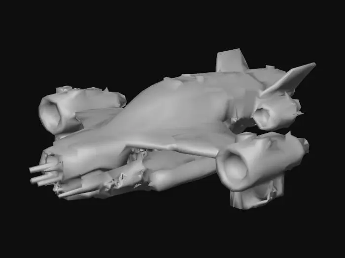 3D model for Design a 3D cyberpunk spaceship with a sleek, angular hull in matte black and neon cyan/magenta accents. Feature an offset cockpit with hexagonal glass, exposed wiring, and holographic displays. Add gritty textures and glowing thrusters for a dystopian, high-tech vibe.