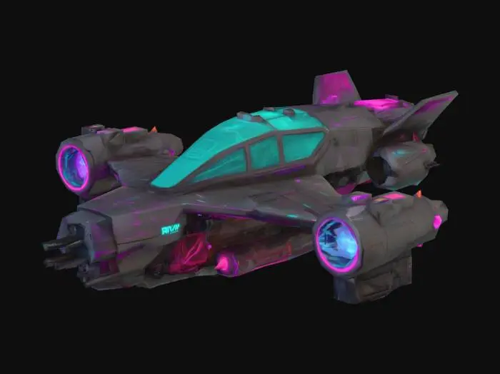 3D model for Design a 3D cyberpunk spaceship with a sleek, angular hull in matte black and neon cyan/magenta accents. Feature an offset cockpit with hexagonal glass, exposed wiring, and holographic displays. Add gritty textures and glowing thrusters for a dystopian, high-tech vibe.