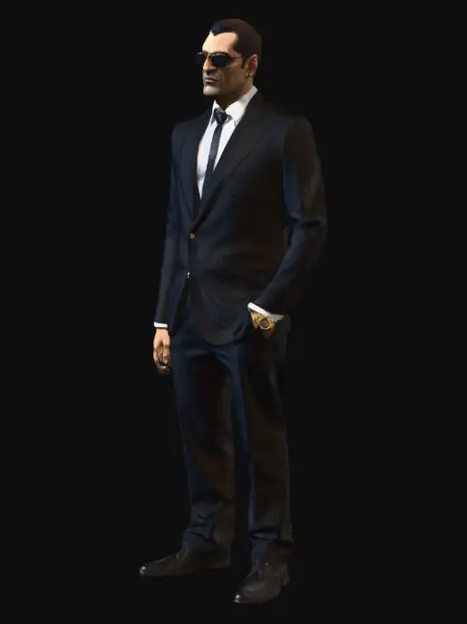 3D model for Design a Mafia Boss character, with a mix of old-school and modern style. I want him to be wearin' a sleek black suit, with a crisp white shirt and a black tie. Give him a pair of sunglasses, and a gold watch on his wrist. Make him look like he's the king of the underworld.