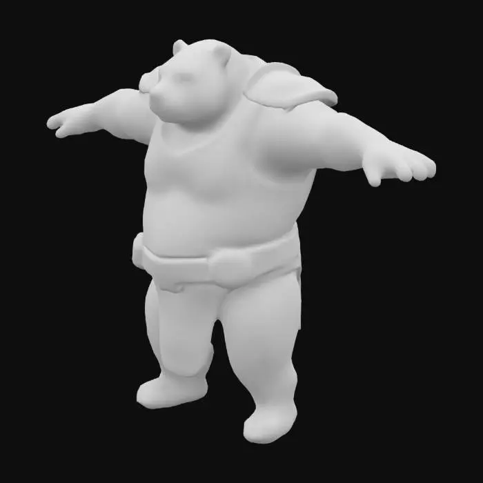 3D model for #anthropomorphic#, Create a character inspired by the style of Myth: Ramayana. This character is a mythical warrior Jamvant a bear with an imposing appearance bear looking, with intricate hair details as if they are part of an ancient legend. Their armor is forged with dark and gold metals, worn by time, but with mystical inscriptions glowing faintly. Make the model in T-pose with no weapons.