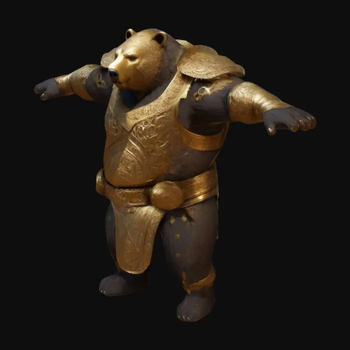 3D model for #anthropomorphic#, Create a character inspired by the style of Myth: Ramayana. This character is a mythical warrior Jamvant a bear with an imposing appearance bear looking, with intricate hair details as if they are part of an ancient legend. Their armor is forged with dark and gold metals, worn by time, but with mystical inscriptions glowing faintly. Make the model in T-pose with no weapons.