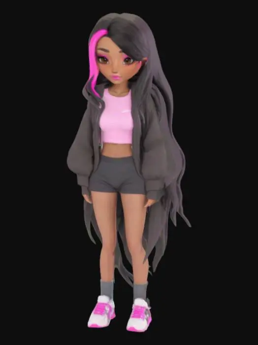 3D model for Design me a avatar with black long
hair with pink highlight in the front olive skin and brown eyes and cool clothes and nice natural baddie makeup