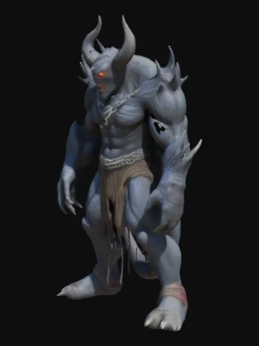 3D model for Un monstruo demoniaco, gigante, es de color oscuro, tiene espinas incrustadas en el cuerpo, su cabeza es grande y tiene un manto que cubre su cuerpo, tiene cadenas incrustadas en los pies.