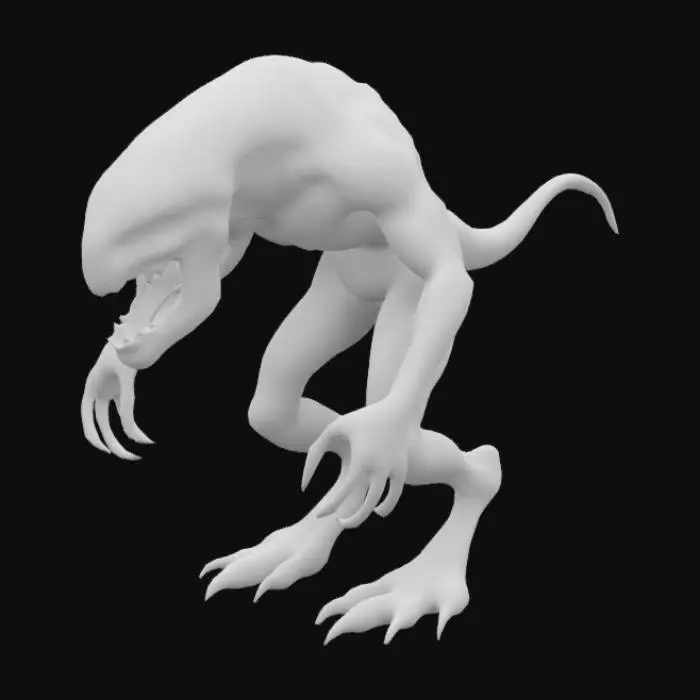3D model for 3D, fantasy, Dark, humanoid monster, large and thin, white skin, large face, no eyes, mouth is big with large teeths, Big, Horrifying, A pose, Albino, Monster