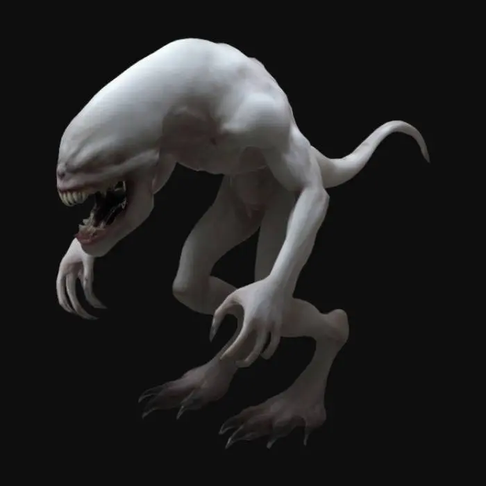 3D model for 3D, fantasy, Dark, humanoid monster, large and thin, white skin, large face, no eyes, mouth is big with large teeths, Big, Horrifying, A pose, Albino, Monster