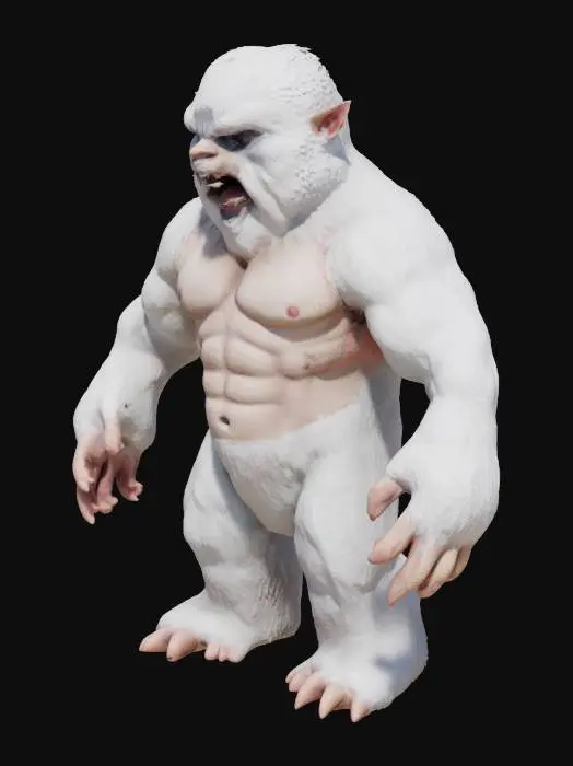 3D model for a cyclops looking abominable snow man, fantasy element, fearful looking hairless chest and abdomen with a leathery look, white medium length fur on rest of body except hands and face, very muscular, t pose