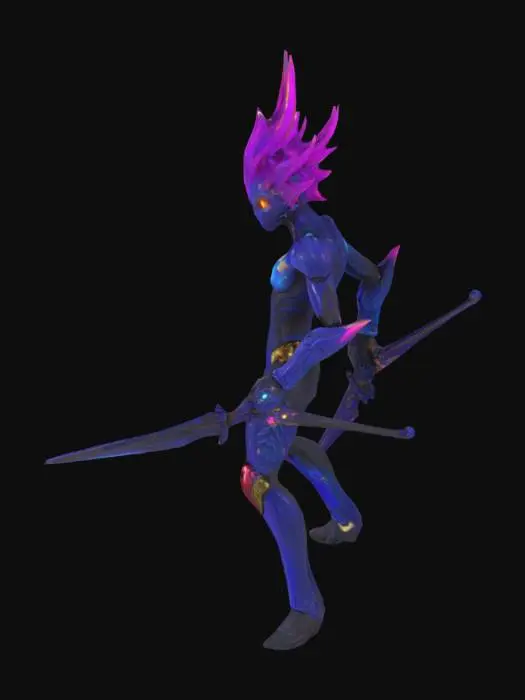 3D model for A detailed 3D anthropomorphic intergalactic warrior, with glowing eyes (blue, gold, crimson) and long, bioluminescent hair (purple, blue, red). 4 hands wield unique weapons (plasma scythe, quantum bow, neutron pistol, vibroblade, sonic orb, light-whip, gravity gauntlet, dark matter dagger) with glowing accents. biomechanical legs with clawed feet, in a glowing exosuit with alien runes. Cinematic cosmic battlefield, vibrant nebula (purple, blue, pink), shattered moons, floating debris, 16:9 ratio. Photorealistic, PBR textures, clean geometry. Style: cinematic sci-fi.