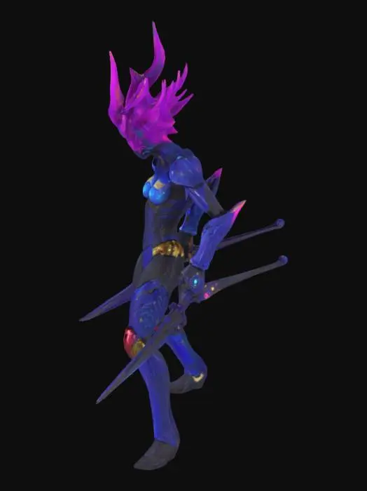 3D model for A detailed 3D anthropomorphic intergalactic warrior, with glowing eyes (blue, gold, crimson) and long, bioluminescent hair (purple, blue, red). 4 hands wield unique weapons (plasma scythe, quantum bow, neutron pistol, vibroblade, sonic orb, light-whip, gravity gauntlet, dark matter dagger) with glowing accents. biomechanical legs with clawed feet, in a glowing exosuit with alien runes. Cinematic cosmic battlefield, vibrant nebula (purple, blue, pink), shattered moons, floating debris, 16:9 ratio. Photorealistic, PBR textures, clean geometry. Style: cinematic sci-fi.