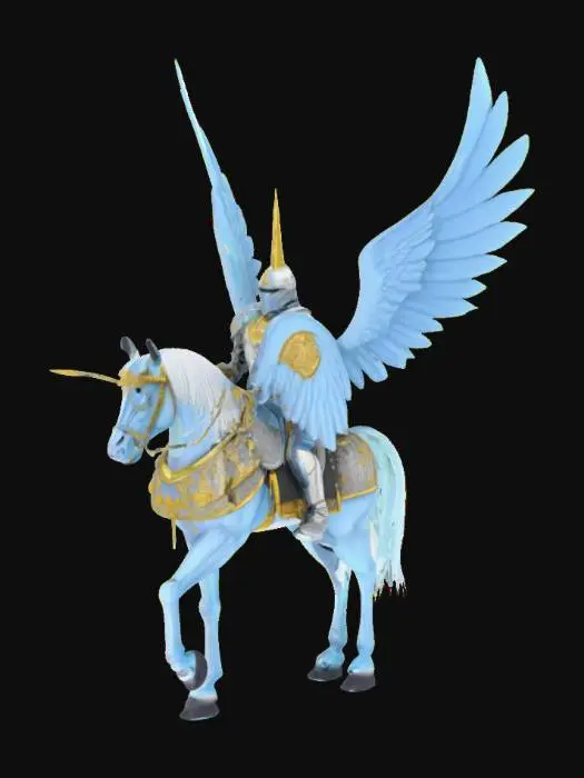 3D model for Create Winged Hussar Paladin with shiny silver armor, rich with golden ornament. He should have holy sabre in his right hand. He should be on heavenly, blue light horse