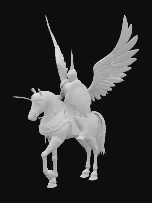 3D model for Create Winged Hussar Paladin with shiny silver armor, rich with golden ornament. He should have holy sabre in his right hand. He should be on heavenly, blue light horse