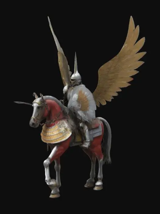 3D model for Create Winged Hussar Paladin with shiny silver armor, rich with golden ornament. He should have holy sabre in his right hand. He should be on heavenly, blue light horse