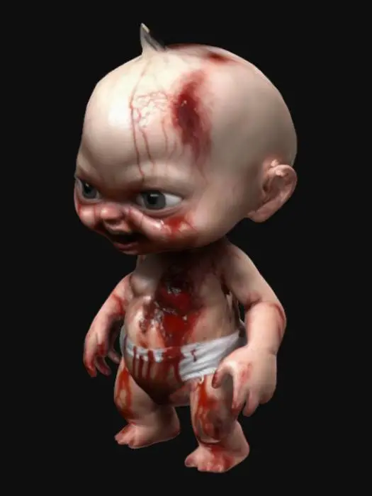3D model for a horror baby kid 3d model which is bald and have partially hairs kid is in diaper and his body is stained in blood