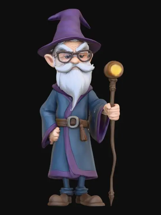 3D model for Erstelle eine Figur von einem süßen, niedlichen aber schlecht gelaunten Zauberer.
