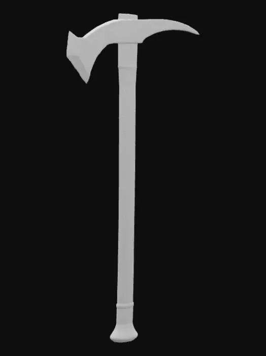 3D model for Generate a 3D model of a medieval mining pickaxe, not a battle axe. The style must be simple realistic, like old MMORPG weapons such as WYD. The total length should be about 1.0 unit, similar to a medium sword. The handle must be dark wood, around 0.8 unit long and 0.05 to 0.07 thick. On the top place a metallic head about 0.3 unit wide and 0.08 to 0.1 thick. One side should be a sharp wedge for breaking rocks and the other side a curved pointed hook. The mesh must be low poly, triangulated, and unified in a single object. The pivot must be at the bottom of the handle set at 0,0,0. Orientation should be Z up and Y forward. Include UV mapping with a single 512x512 texture named pickaxe.bmp.