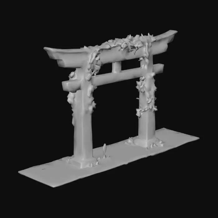 3D model for Generated a massive, ancient stone torii gate overgrown with lush vegetation, standing proudly in a serene, mist-shrouded forest leading to a distant lake and mountains.