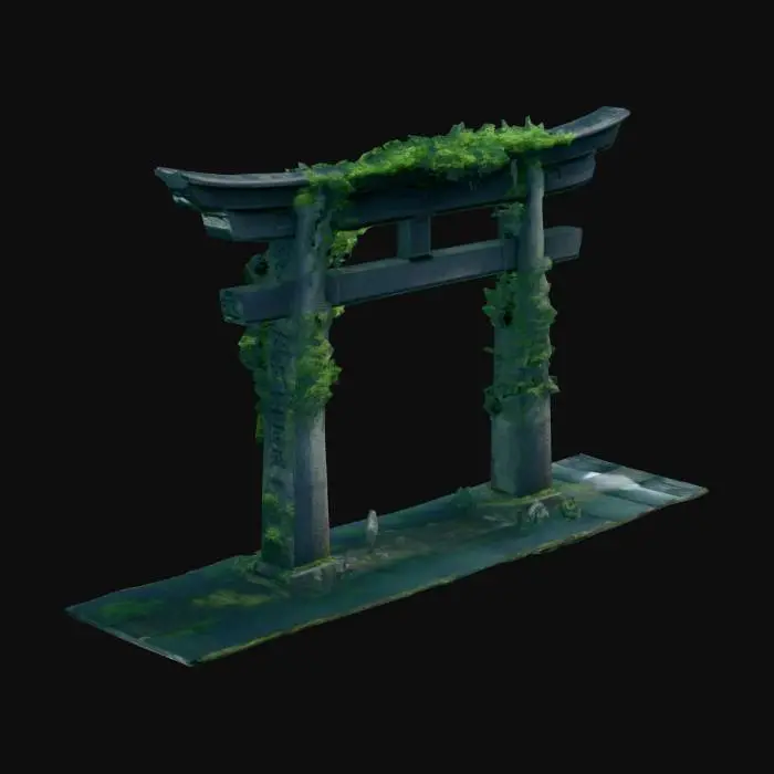 3D model for Generated a massive, ancient stone torii gate overgrown with lush vegetation, standing proudly in a serene, mist-shrouded forest leading to a distant lake and mountains.