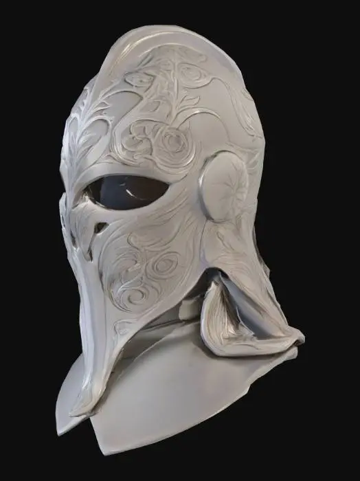 3D model for Elven Helmet - A lightweight, intricately crafted helmet designed for agility and elegance, embodying the essence of nature and elven craftsmanship. The helmet is forged from a silvery, mithril-like metal, with delicate leaf and vine motifs etched into its surface. The edges are adorned with subtle engravings of flowing water and swirling wind patterns, symbolizing the harmony of the elements.