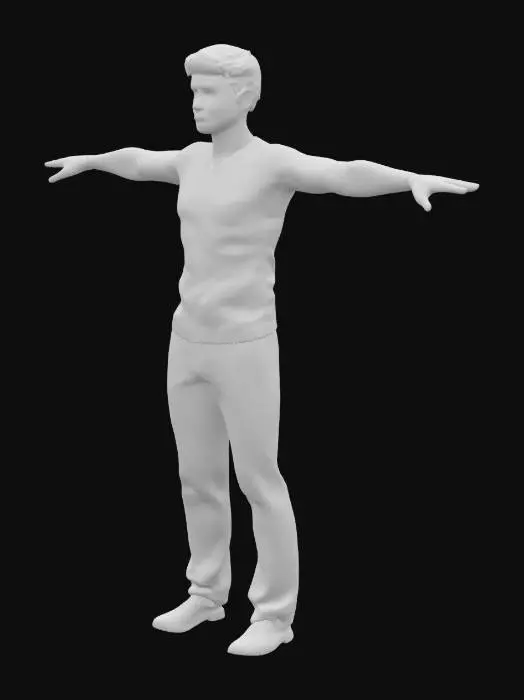 3D model for High-precision 3D model of an adult white male in a T-pose. The character has well-defined, realistic facial features and natural hair. He is wearing a form-fitting crew-neck shirt and slim-fit long pants. Fingers are clearly separated with visible spacing. The model has a medium build, average height, and utilizes 4K textures.
