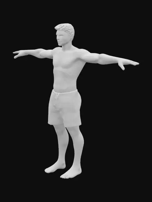 3D model for A high‑precision model with three‑dimensional facial features; each of the five fingers spaced apart; posed in a T‑pose; wearing a T‑shirt and shorts; adult male; natural hairstyle; average build; average height.