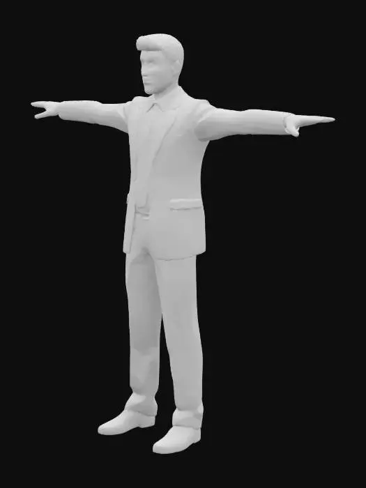 3D model for High-precision model with well-defined, three-dimensional facial features; each of the five fingers should be spaced apart; posed in a T‑pose; wearing a suit; male; natural hairstyle; average build; average height.