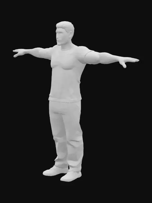 3D model for A high‑precision model with three‑dimensional facial features posed in a T‑pose; each of the five fingers distinctly spaced apart; adult male; wearing a crew neck t-shirt; natural hairstyle; average build; average height.