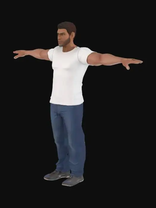 3D model for A high‑precision model with three‑dimensional facial features posed in a T‑pose; each of the five fingers distinctly spaced apart; adult male; wearing a crew neck t-shirt; natural hairstyle; average build; average height.