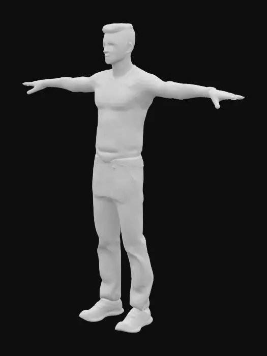 3D model for A high‑precision model with three‑dimensional facial features posed in a T‑pose; each of the five fingers distinctly spaced apart; adult male; wearing a crew neck t-shirt; natural hairstyle; average build; average height.