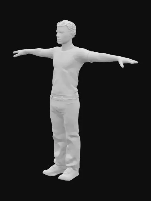 3D model for A high‑precision model with three‑dimensional facial features posed in a T‑pose; each of the five fingers distinctly spaced apart; adult male; wearing a crew neck t-shirt; natural hairstyle; average build; average height.