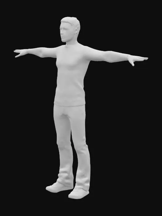3D model for A high‑precision model with three‑dimensional facial features posed in a T‑pose; each of the five fingers distinctly spaced apart; adult male; wearing long sleeve; short hair; average height.