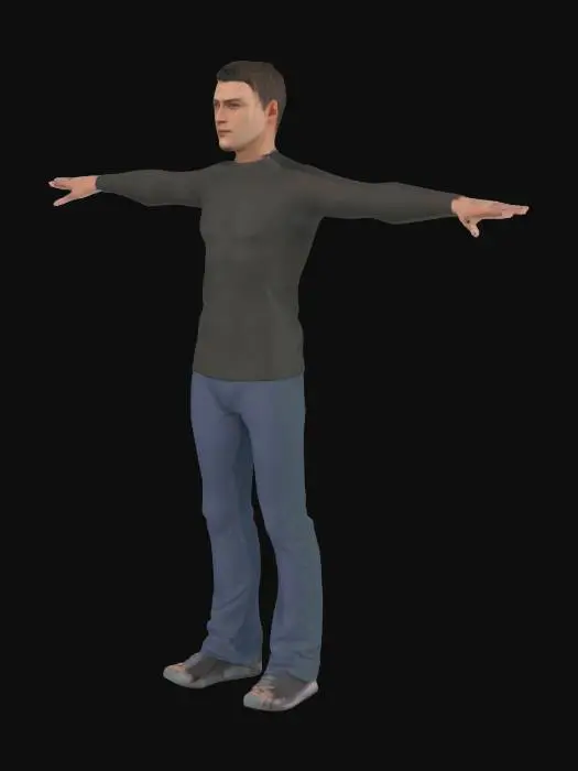 3D model for A high‑precision model with three‑dimensional facial features posed in a T‑pose; each of the five fingers distinctly spaced apart; adult male; wearing long sleeve; short hair; average height.