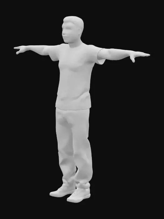 3D model for A high‑precision model with High-precision ears, nose, and mouth;  T‑pose; each of the fingers distinctly spaced apart; adult male; wearing a crew neck t-shirt; natural hairstyle; average build; average height.