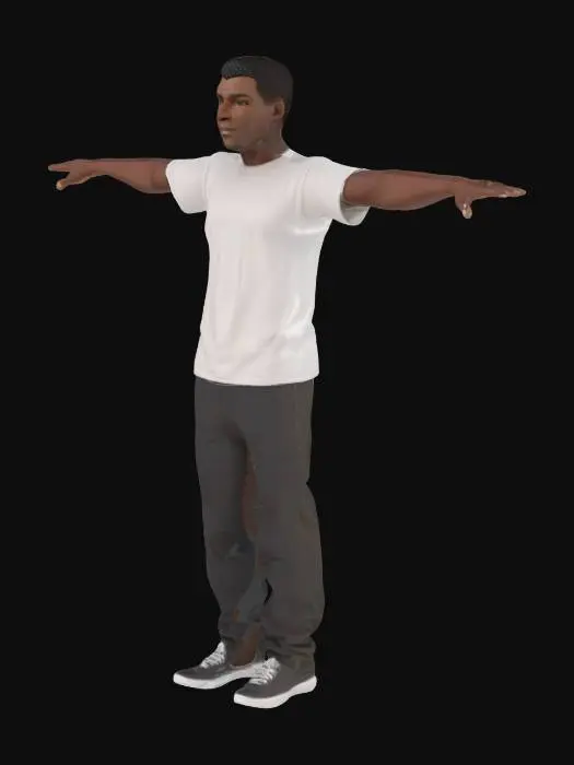 3D model for A high‑precision model with High-precision ears, nose, and mouth;  T‑pose; each of the fingers distinctly spaced apart; adult male; wearing a crew neck t-shirt; natural hairstyle; average build; average height.