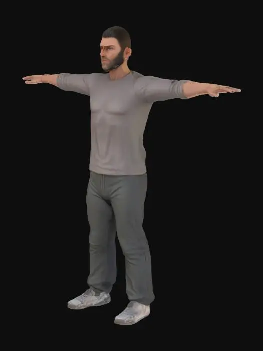 3D model for A high‑precision model with three‑dimensional facial features posed in a T‑pose; each of the five fingers distinctly spaced apart; adult male; wearing long sleeve; short hair; average height.
