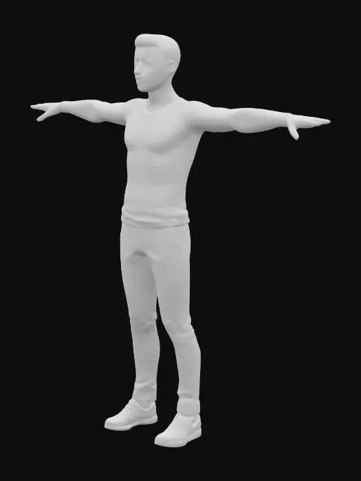3D model for A high‑precision model with three‑dimensional facial features posed in a T‑pose; each of the five fingers distinctly spaced apart; adult male; wearing long sleeve; short hair; average height.