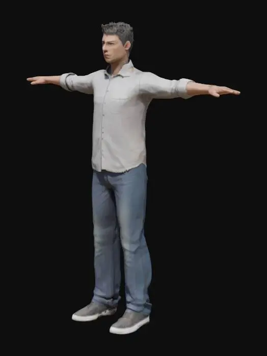 3D model for A high‑precision model with three‑dimensional facial features posed in a T‑pose; each of the five fingers distinctly spaced apart; adult male; wearing long sleeve; short hair; average height.
