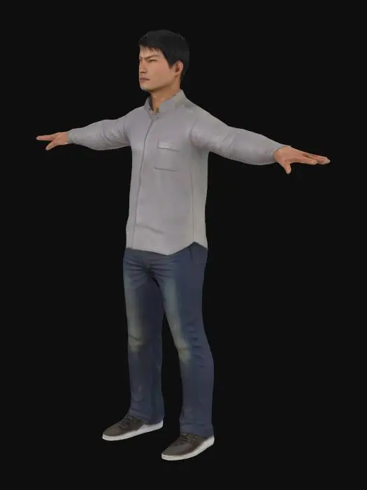 3D model for High‑precision game-ready model posed in a T‑pose; each of the five fingers distinctly spaced apart; adult Asian male; wearing long sleeves; short hair; average height.