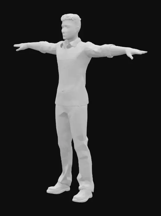 3D model for High‑precision game-ready model posed in a T‑pose; each of the five fingers distinctly spaced apart; adult male; wearing long sleeves; short hair; average height.