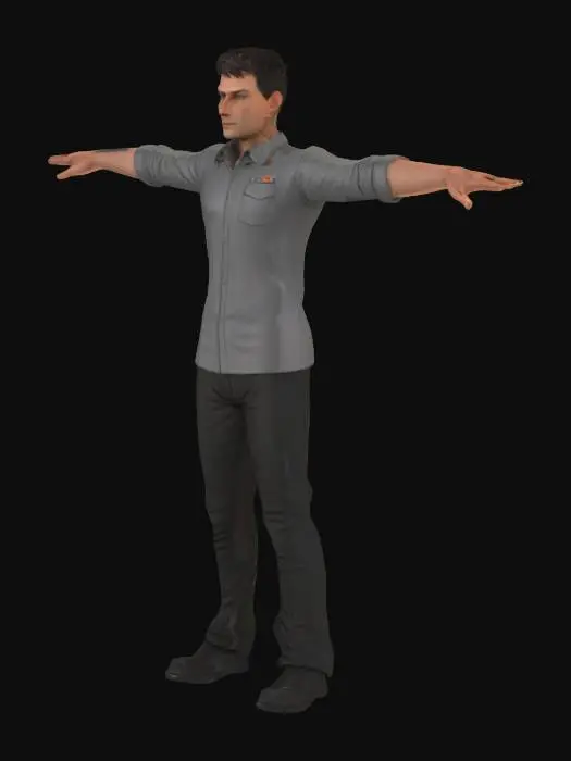 3D model for High‑precision game-ready model posed in a T‑pose; each of the five fingers distinctly spaced apart; adult male; wearing long sleeves; short hair; average height.