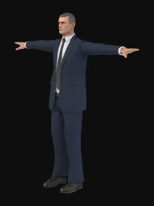3D model for High‑precision, T‑pose; each of the five fingers distinctly spaced apart; adult white male; wearing suit; short hair; average height.