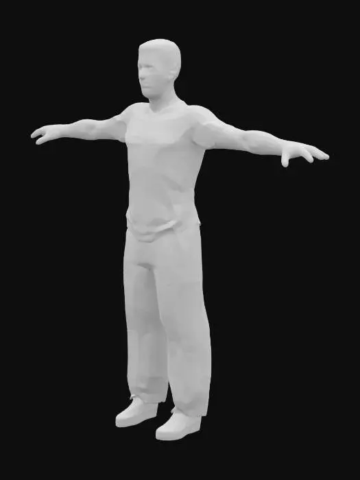 3D model for High‑precision cinematic ready model posed in a T‑pose; each of the five fingers distinctly spaced apart; adult white male; wearing skinny fit t-shirt; short hair; average height.