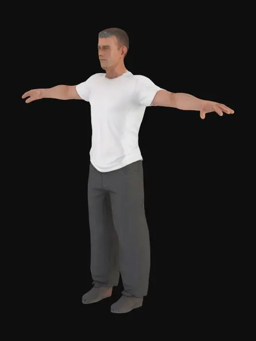 3D model for High‑precision cinematic ready model posed in a T‑pose; each of the five fingers distinctly spaced apart; adult white male; wearing skinny fit t-shirt; short hair; average height.