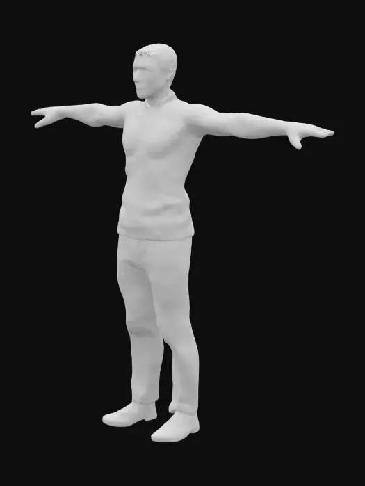 3D model for High‑precision game-ready model posed in a T‑pose; each of the five fingers distinctly spaced apart; adult male; wearing long sleeves; short hair; average height.
