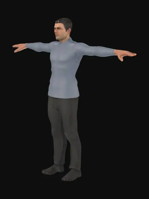 3D model for High‑precision game-ready model posed in a T‑pose; each of the five fingers distinctly spaced apart; adult male; wearing long sleeves; short hair; average height.