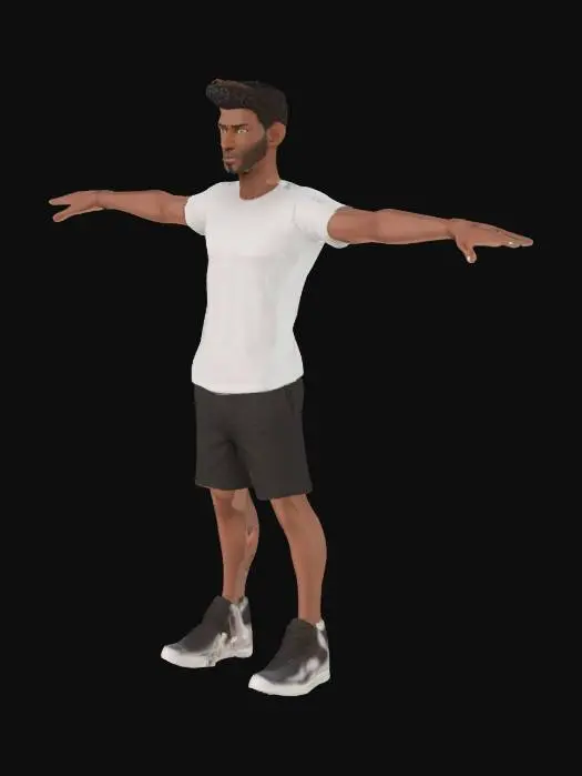 3D model for A high‑precision model with High-precision ears, nose, and mouth;  T‑pose; each of the fingers distinctly spaced apart; adult male; wearing a crew neck t-shirt; natural hairstyle; average build; average height.